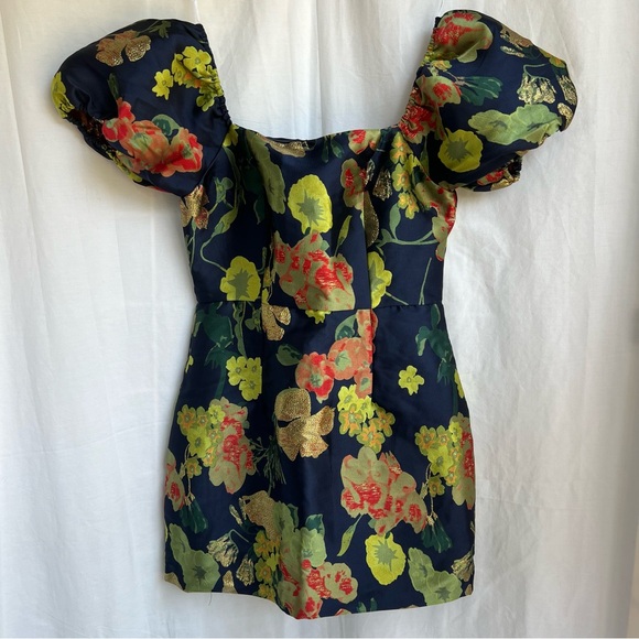 *SOLD c* Lulu’s So Stunning Navy Blue Floral Jacquard Puff Sleeve Dress small - Picture 4 of 16